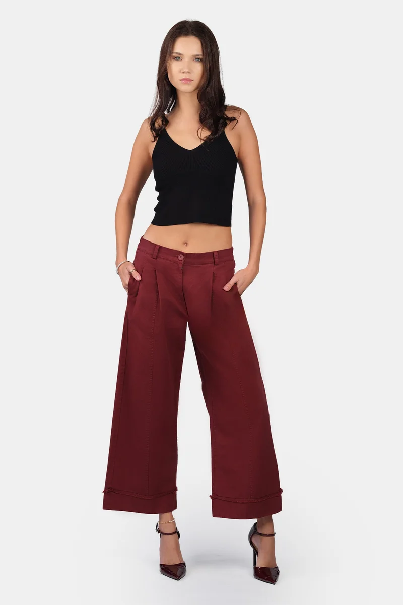 فيرجيو Solid Cotton Wide-Leg Folded Hem Trousers for Women