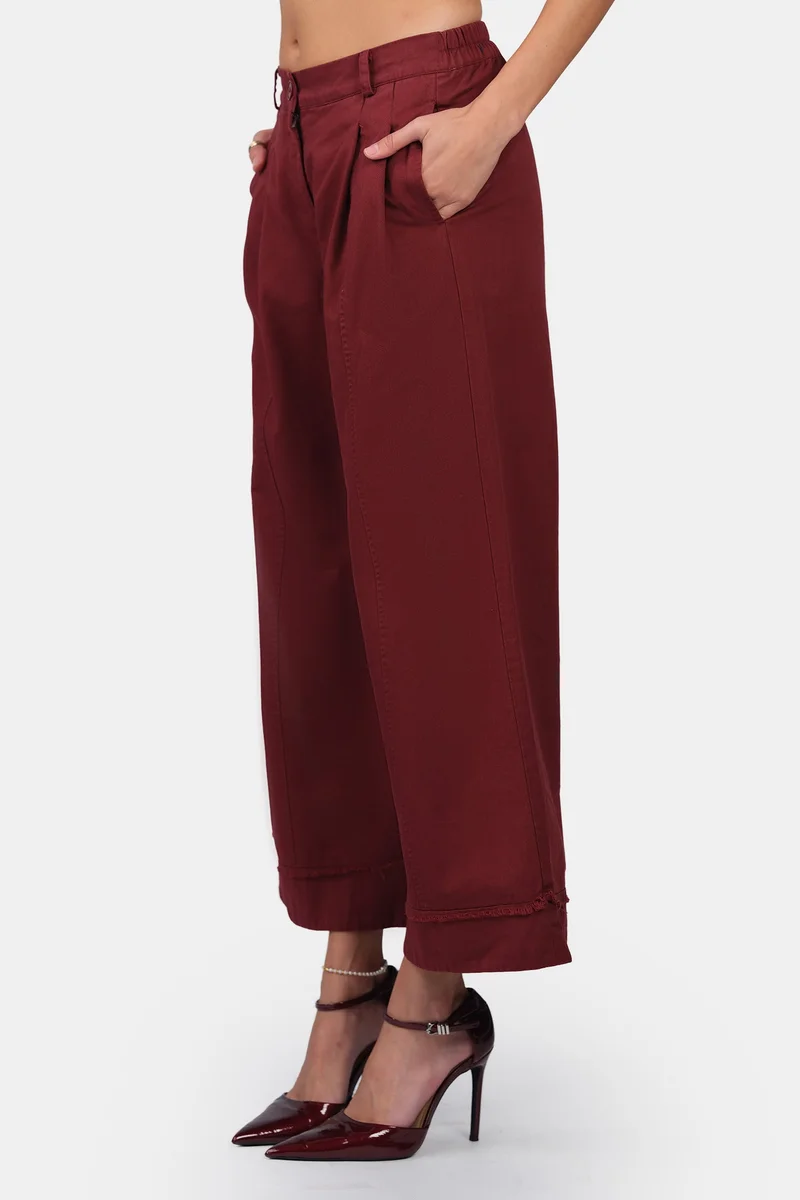 Virgio  Solid Cotton Wide-Leg Folded Hem Trousers for Women for Women | Best Price UAE