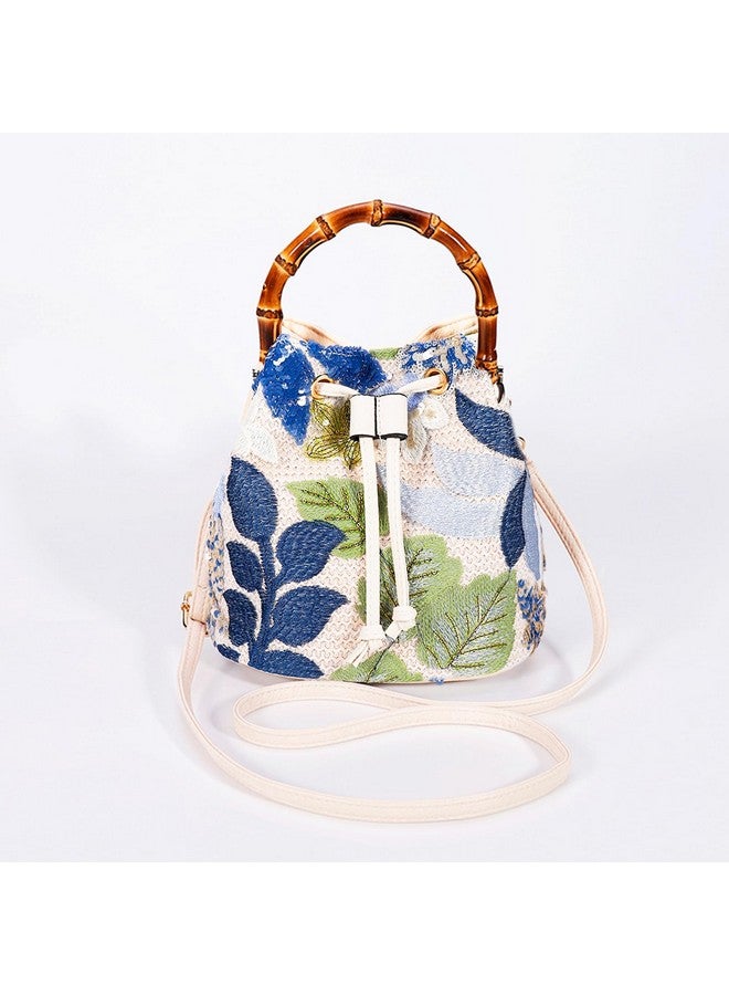 QTKJ Crossbody Bags for Women, Beach Bag, Hand Embroidered Tot Bag, Natural Bamboo carry handle Bucket bag, Bohemian Handbags for Women Vacation Travel Daily Matching(Blue Flowers) - Image 2