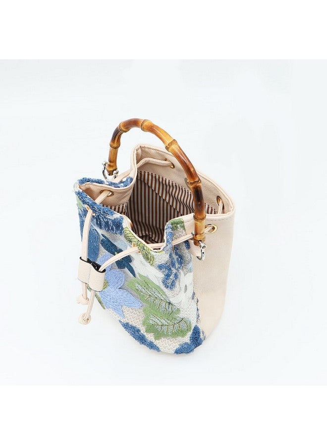 QTKJ Crossbody Bags for Women, Beach Bag, Hand Embroidered Tot Bag, Natural Bamboo carry handle Bucket bag, Bohemian Handbags for Women Vacation Travel Daily Matching(Blue Flowers) - Image 3