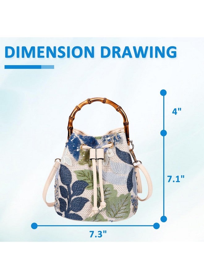 QTKJ Crossbody Bags for Women, Beach Bag, Hand Embroidered Tot Bag, Natural Bamboo carry handle Bucket bag, Bohemian Handbags for Women Vacation Travel Daily Matching(Blue Flowers) - Image 1