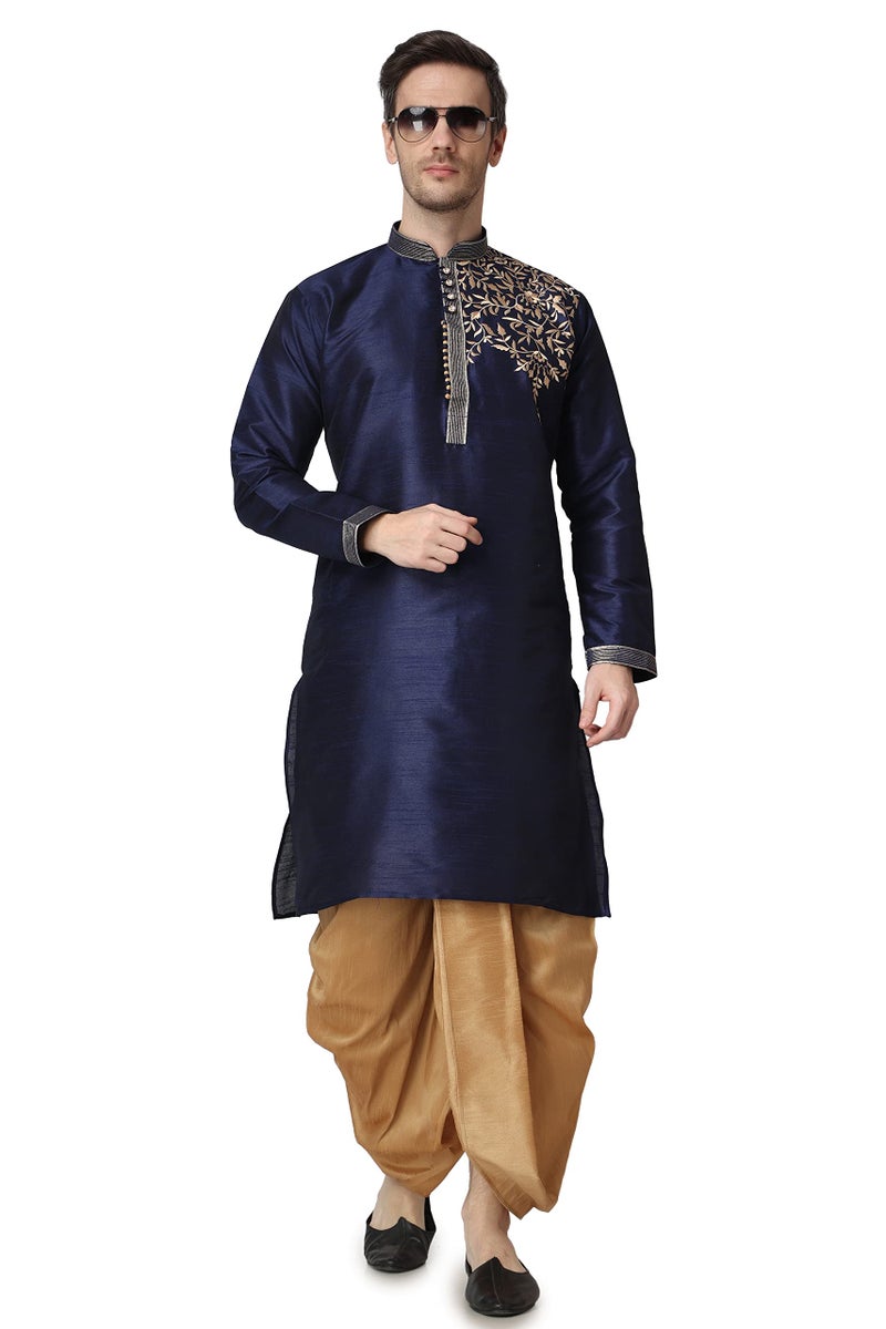 Royal Kurta Mens Silk Patchwork Dhoti Kurta Set (Navy Blue, Size - 44) - Image 5