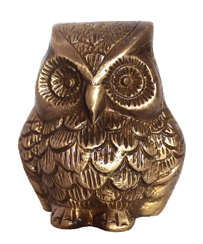 athizay Owl Statue Brass Metal Laxmi Vahana Gold Finish Premium Showpiece for Home Decoration and Giftings Feng Shui Good Luck Knowledge Energies - Image 1