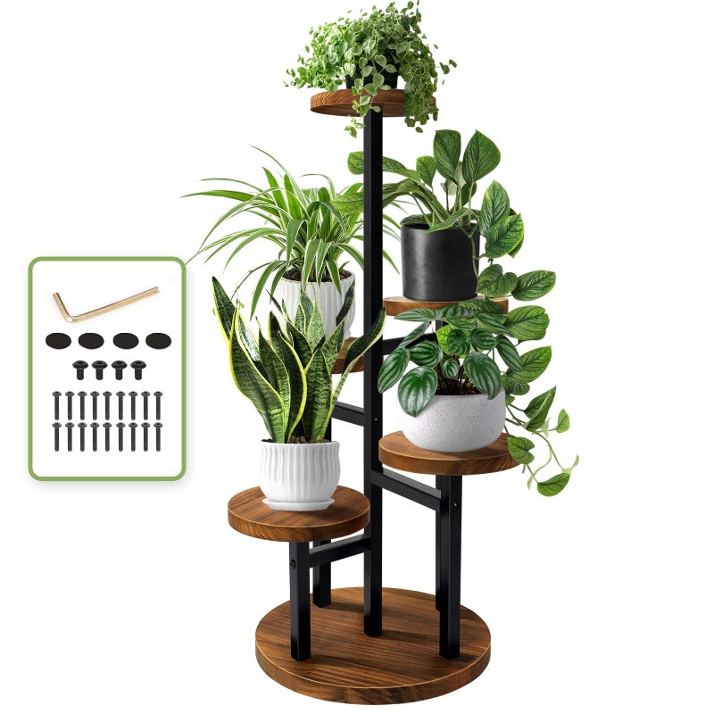 AUGOSTA 5 Tier Plant Stand, Tall Metal Wood Shelf Holder for Indoor Plants, Outdoor Garden Plant Display Rack Flower Pot Stand for Corner Living Room Balcony Garden Patio - Image 1