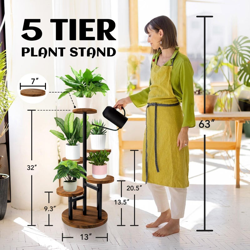 AUGOSTA 5 Tier Plant Stand, Tall Metal Wood Shelf Holder for Indoor Plants, Outdoor Garden Plant Display Rack Flower Pot Stand for Corner Living Room Balcony Garden Patio - Image 2