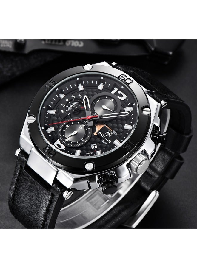 BENYAR Men's Quartz Watch Luxury Leather Strap Chronograph Luminous Triple Display 30 Meters Normal Waterproof BY-5151 Silver Black Black Belt - Image 1