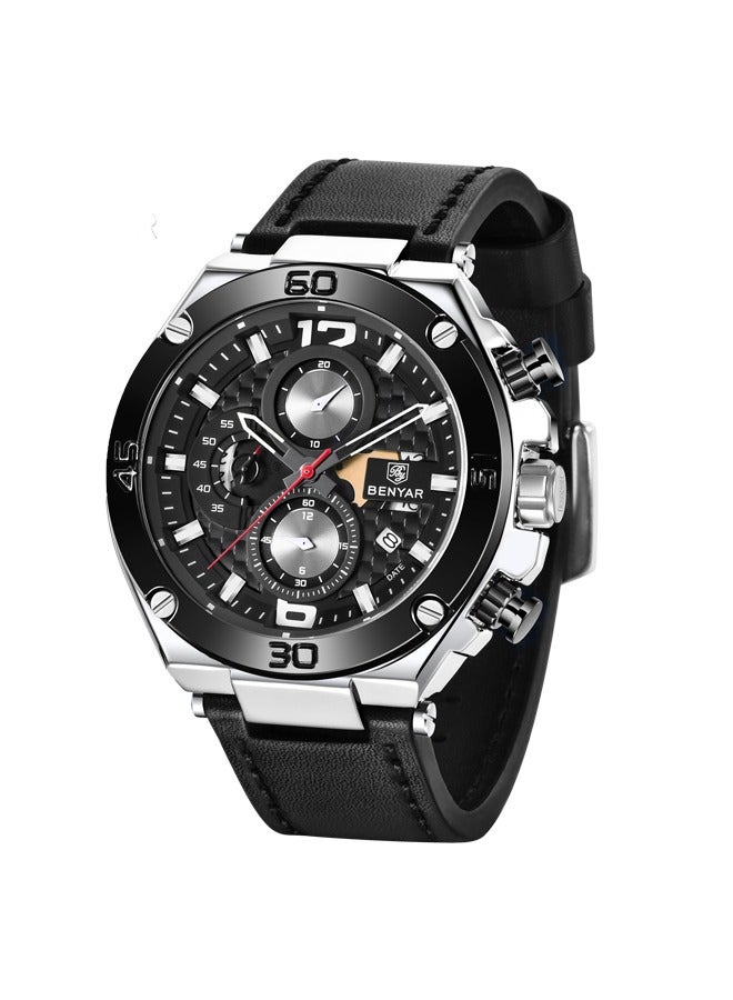 BENYAR Men's Quartz Watch Luxury Leather Strap Chronograph Luminous Triple Display 30 Meters Normal Waterproof BY-5151 Silver Black Black Belt - Image 2