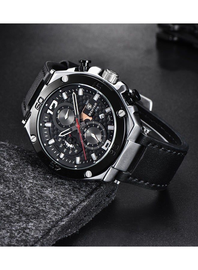 BENYAR Men's Quartz Watch Luxury Leather Strap Chronograph Luminous Triple Display 30 Meters Normal Waterproof BY-5151 Silver Black Black Belt - Image 3