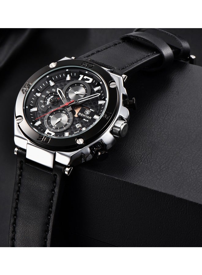 BENYAR Men's Quartz Watch Luxury Leather Strap Chronograph Luminous Triple Display 30 Meters Normal Waterproof BY-5151 Silver Black Black Belt - Image 4