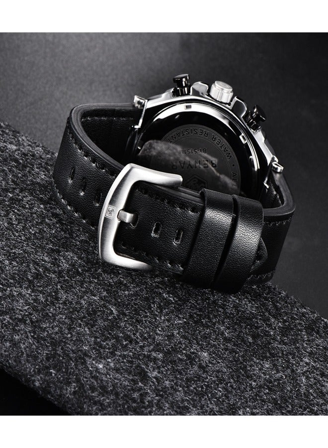 BENYAR Men's Quartz Watch Luxury Leather Strap Chronograph Luminous Triple Display 30 Meters Normal Waterproof BY-5151 Silver Black Black Belt - Image 5