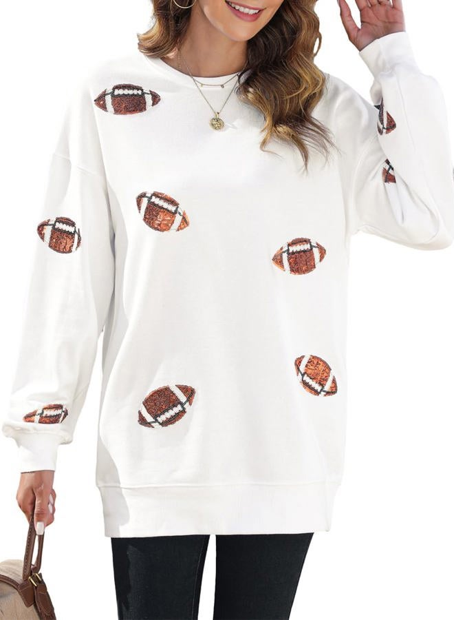 Ecosunny Women's Casual Holiday Game Day Sweatshirt Sequin Print Round Neck Long Sleeve Loose Pullover Tops, A-game Day White, XXL - Image 1
