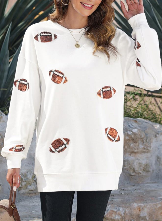 Ecosunny Women's Casual Holiday Game Day Sweatshirt Sequin Print Round Neck Long Sleeve Loose Pullover Tops, A-game Day White, XXL - Image 3