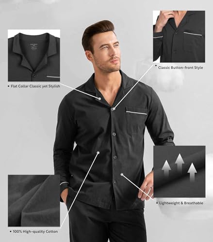 DAVID ARCHY Mens Pajamas Set Soft Cotton Notched Collar Pajamas for Men Long Sleeve Mens Sleepwear with Pockets & Front Fly (L, Dark Gray) - Image 3