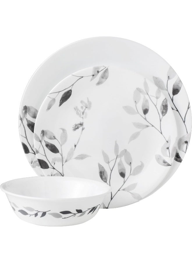 Corelle 12Piece Vitrelle Misty Leaves Chip and Break Resistant Dinner Set Grey - Image 1