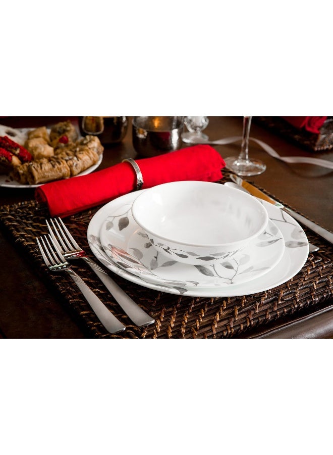 Corelle 12Piece Vitrelle Misty Leaves Chip and Break Resistant Dinner Set Grey - Image 3