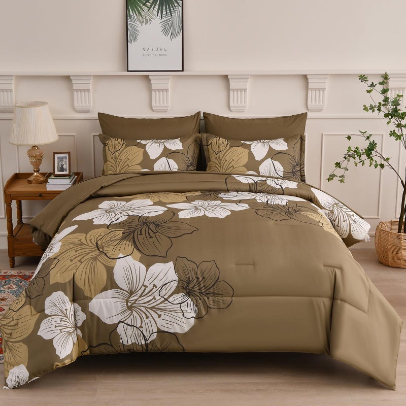 Luxudecor Floral Comforter Set Queen Size, 7 Pieces Bed in a Bag Brown Floral Comforter and Sheet Set, Soft Microfiber Complete Bedding Sets for All Seasons - Image 1