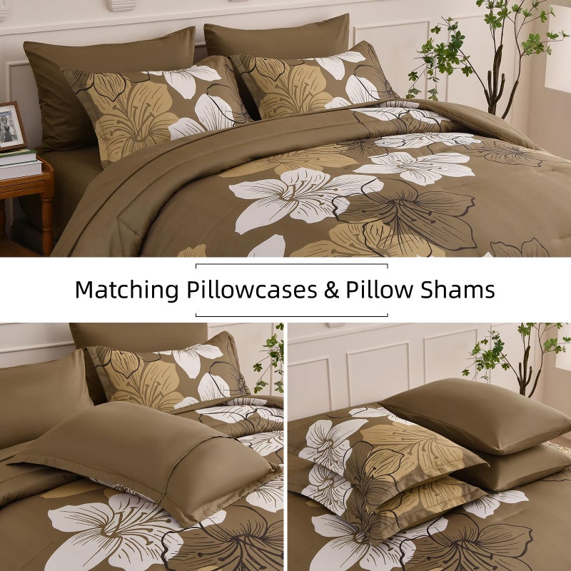 Luxudecor Floral Comforter Set Queen Size, 7 Pieces Bed in a Bag Brown Floral Comforter and Sheet Set, Soft Microfiber Complete Bedding Sets for All Seasons - Image 4