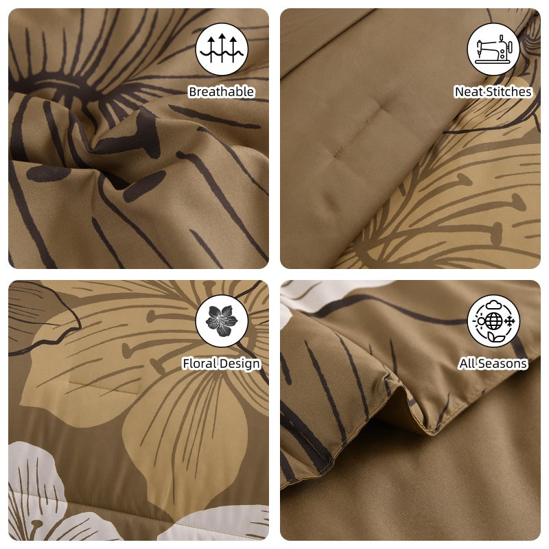 Luxudecor Floral Comforter Set Queen Size, 7 Pieces Bed in a Bag Brown Floral Comforter and Sheet Set, Soft Microfiber Complete Bedding Sets for All Seasons - Image 5