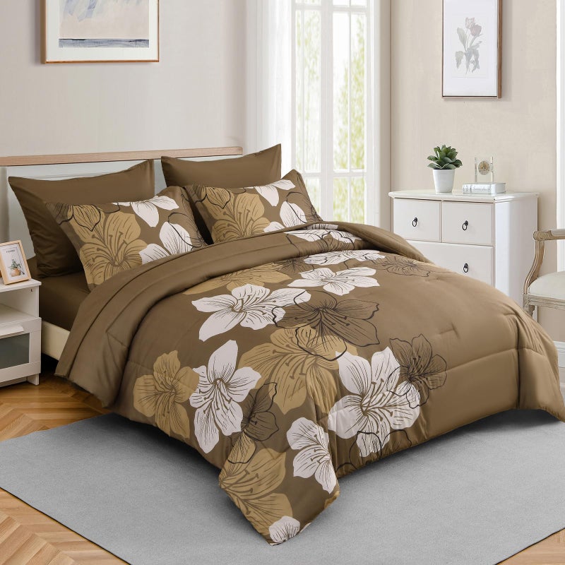 Luxudecor Floral Comforter Set Queen Size, 7 Pieces Bed in a Bag Brown Floral Comforter and Sheet Set, Soft Microfiber Complete Bedding Sets for All Seasons - Image 2
