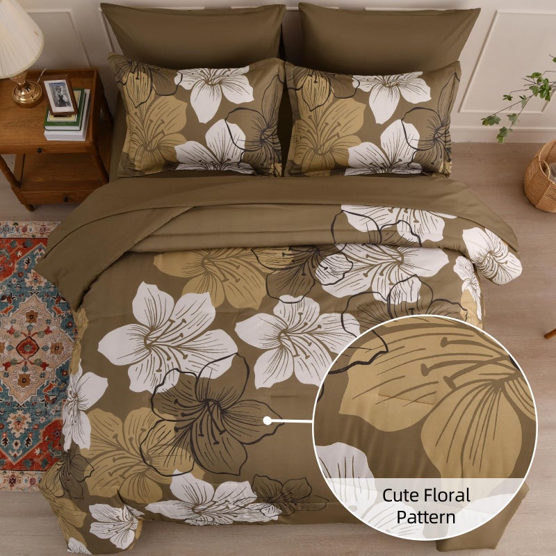 Luxudecor Floral Comforter Set Queen Size, 7 Pieces Bed in a Bag Brown Floral Comforter and Sheet Set, Soft Microfiber Complete Bedding Sets for All Seasons - Image 3