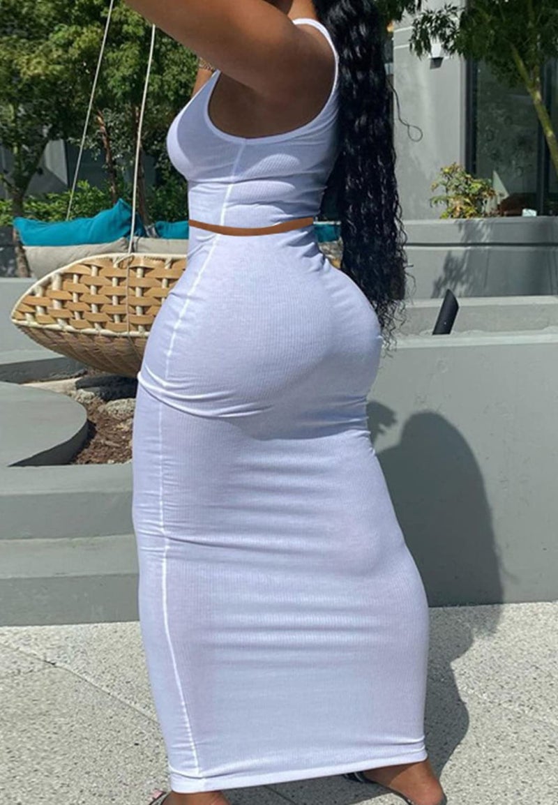 PYAEAS 2 Piece Outfit Maxi Dress for Women, Summer Deep U Neck Sleeveless Tank Crop Tops Long Skirt Set Party Bodycon Dresses(White,S) - Image 5