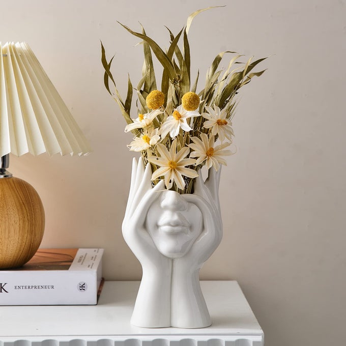 FJS CERAMIC FACE VASES WHITE FLOWER VASES FOR DECOR 35 W X 7 H MODERN DECORATIVE VASE CENTERPIECE FOR TABLE SHELF LIVING ROOM OFFICE BEDROOM