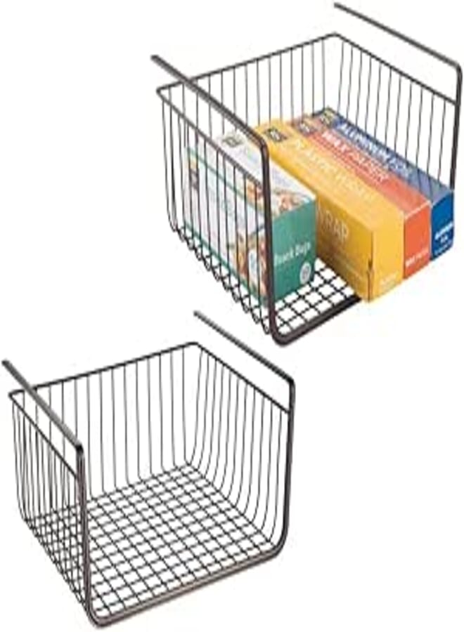 mDesign Under Shelf Basket - Set of 2 - Wire Basket Shelves for Kitchen Storage - Hanging Storage Basket Ideal for Pantries and Cupboards - Bronze