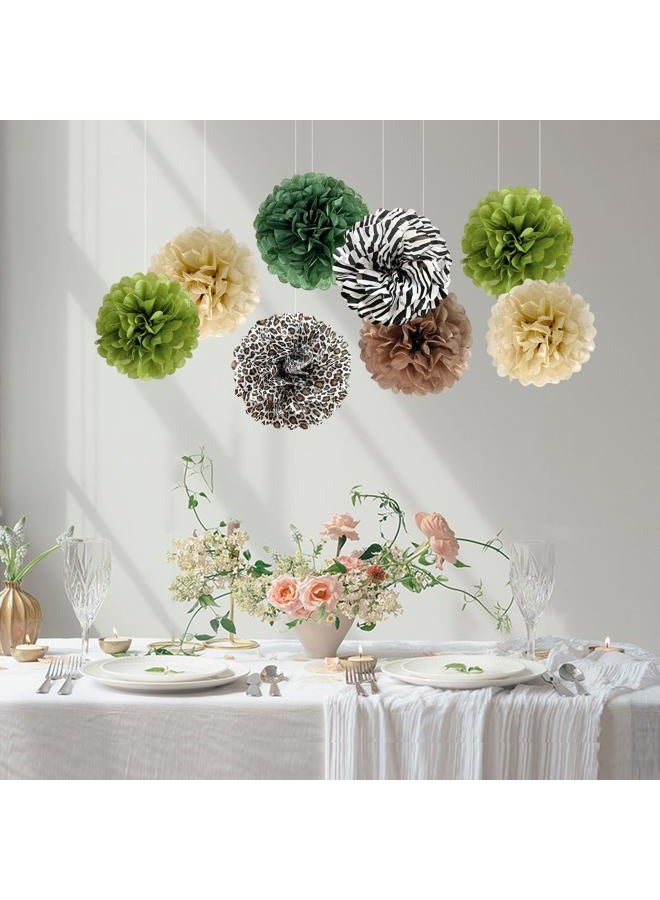 ANSOMO Jungle Safari Tissue Paper Pom Poms Wild Animal Leopard Zebra Print Cheetah Party Decorations Sage Green Brown Flowers Wall Hanging Décor Table Centerpieces Supplies Birthday Bridal Baby Shower - Image 3