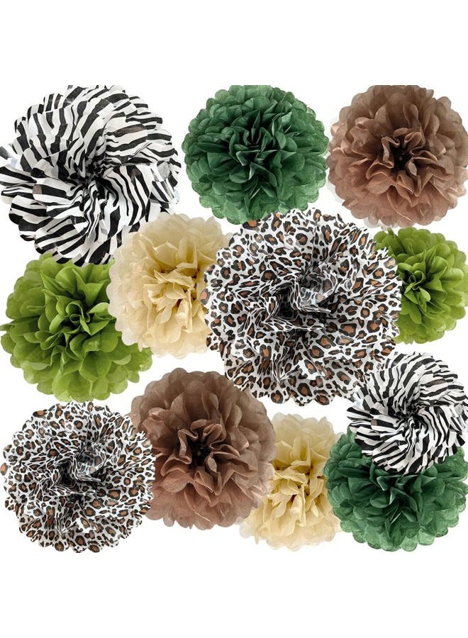 ANSOMO Jungle Safari Tissue Paper Pom Poms Wild Animal Leopard Zebra Print Cheetah Party Decorations Sage Green Brown Flowers Wall Hanging Décor Table Centerpieces Supplies Birthday Bridal Baby Shower - Image 1