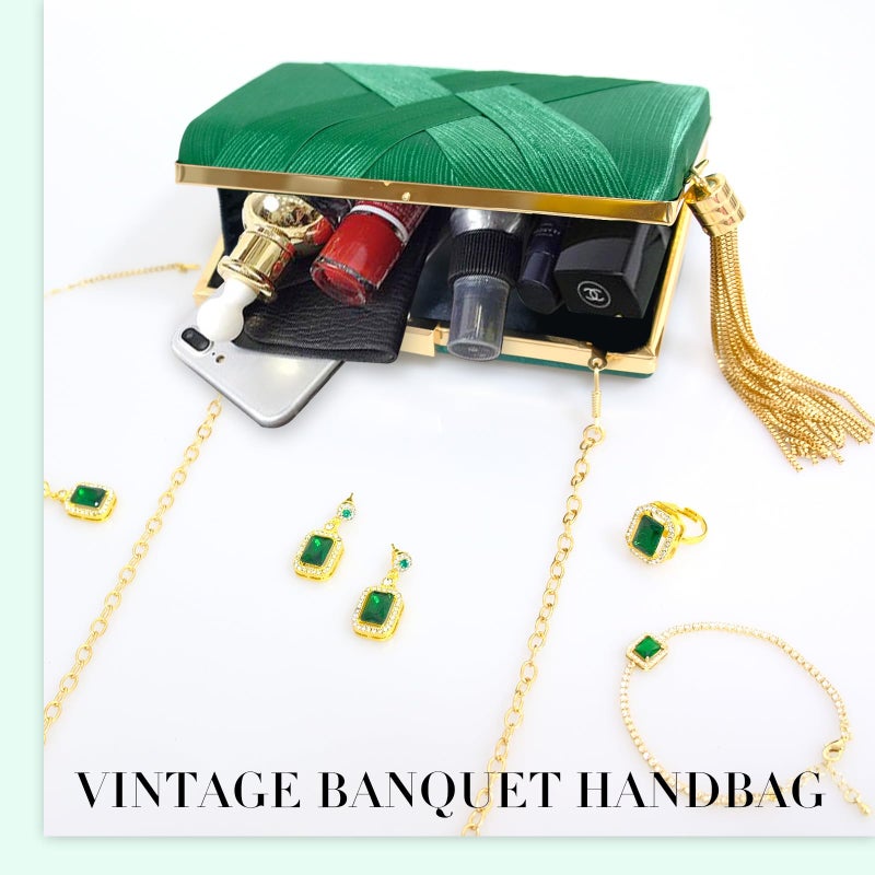 SENONAPO 5 Pcs Clutch Purses for Women Jewelry Set Handbag with Necklace Earrings Ring Bracelet Vintage Banquet Handbag with Detachable Chain for Wedding Party Gift Supplies(Green) - Image 4