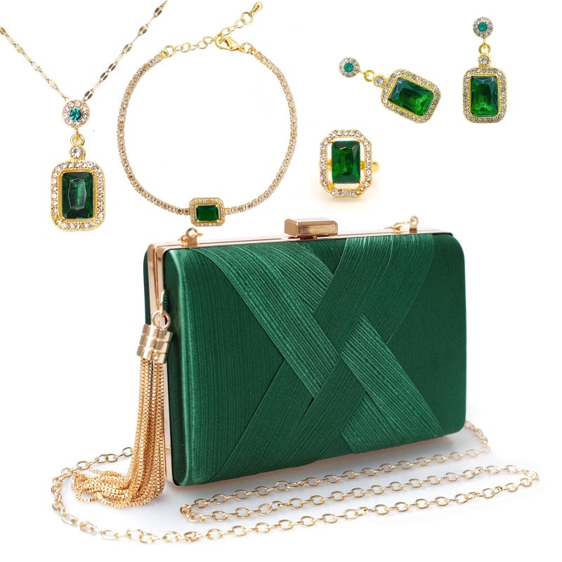 SENONAPO 5 Pcs Clutch Purses for Women Jewelry Set Handbag with Necklace Earrings Ring Bracelet Vintage Banquet Handbag with Detachable Chain for Wedding Party Gift Supplies(Green) - Image 1