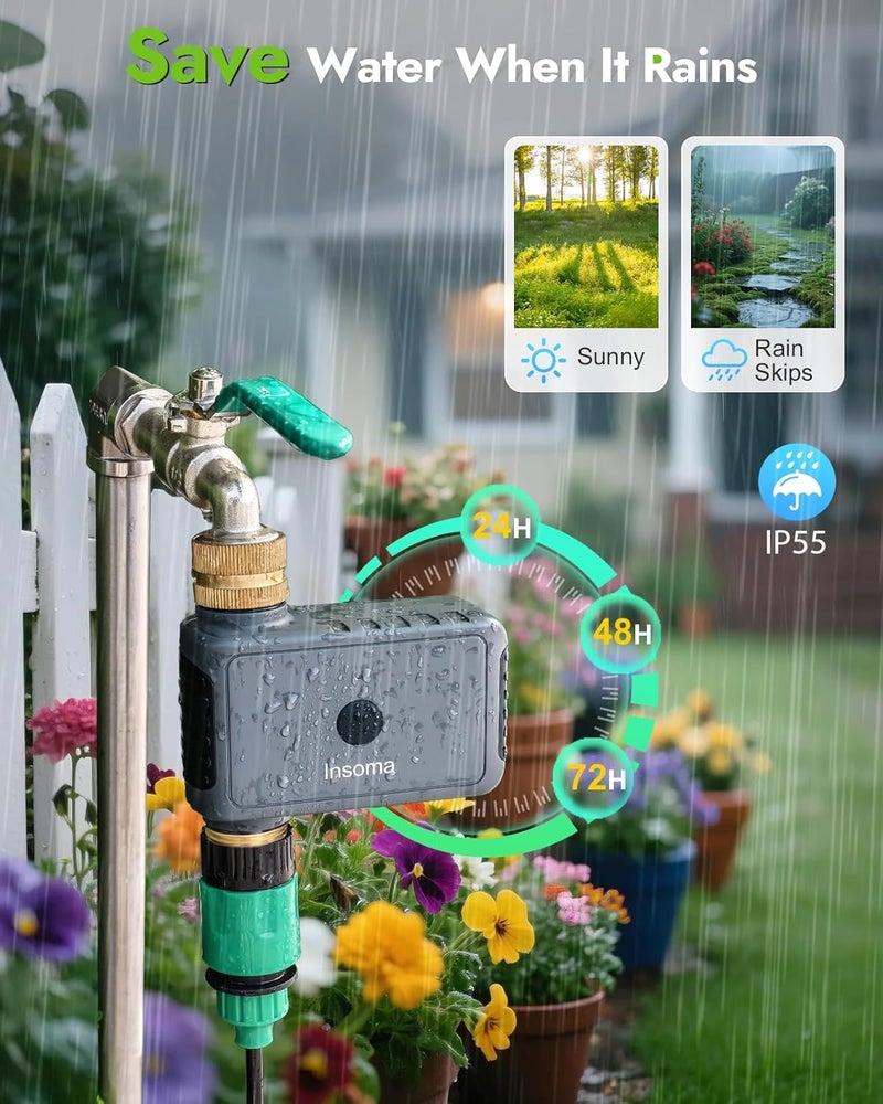 Insoma WiFi Water Timer with Brass Inlet&Outlet, Smart Sprinkler Timer + Auto/Manual/Rain Delay for Garden, Hose Timers with Hub, Up to 20 Watering Plans, APP & Voice Control, Compatible with Alexa - Image 5