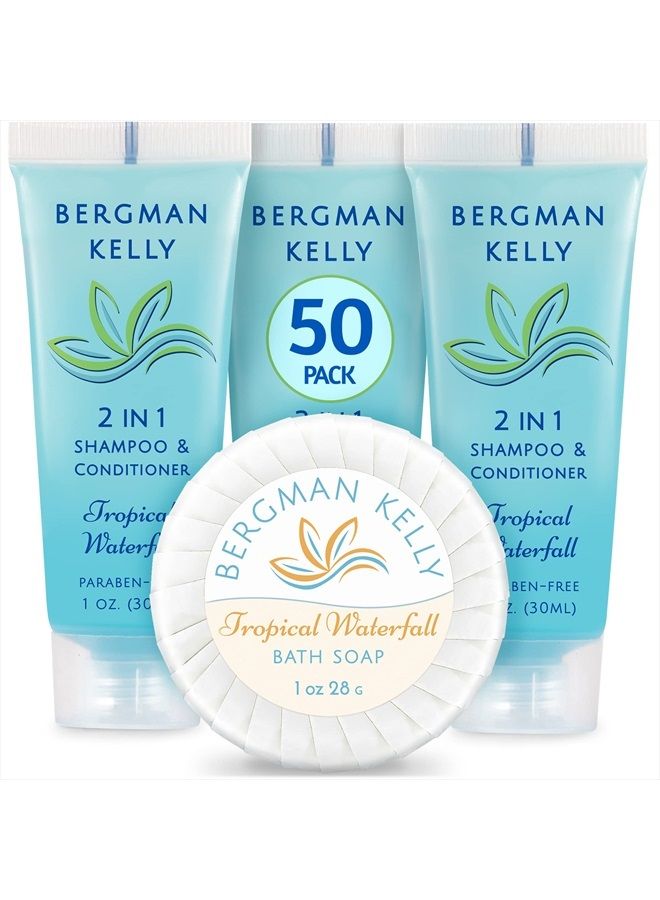 BERGMAN KELLY Round Soap Bars, 2in1 Shampoo & Conditioner 2-Piece Set (Tropical Waterfall, 1 oz each, 100 pc), Delight Your Guests with Revitalizing & Refreshing Sanitary Toiletries & Hotel Amenities - Image 1