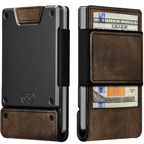 PROOF Wallet | Slim Minimalist Wallets for Men | Leather & Metal | RFID Wallet | Front/Back Pocket | Gift Box | Veteran Owned (Founder (Brown Leather | Dark Gun Metal)) - Image 1