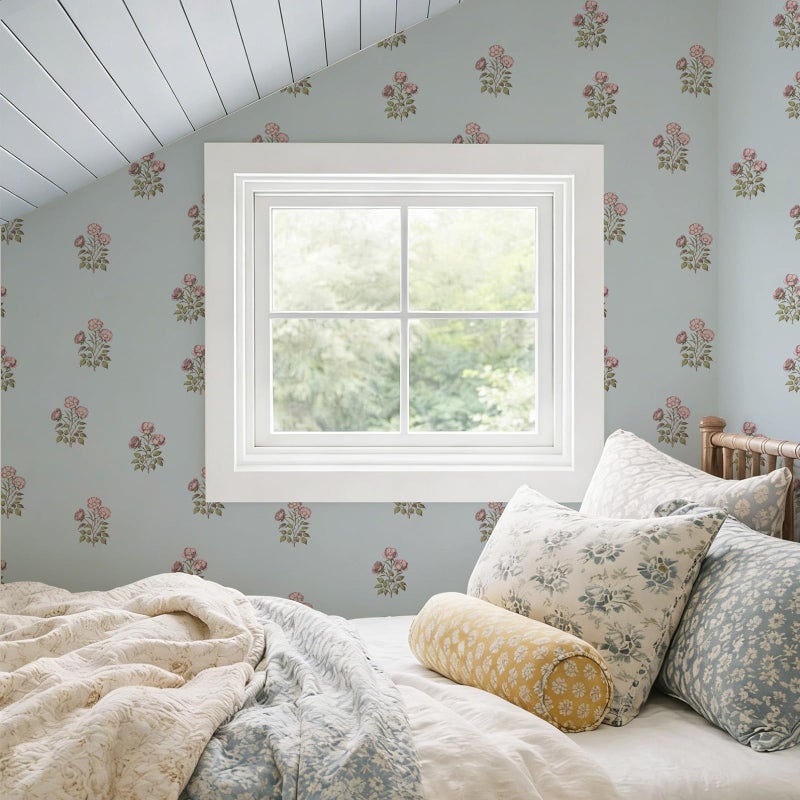 LUKUUI 17.3" x 78.7" Vintage Blue Floral Wallpaper Peel and Stick Boho Wallpaper Removable Waterproof Rose Pattern Contact Paper for Bedroom, Bathroom, Home Wall - Image 3