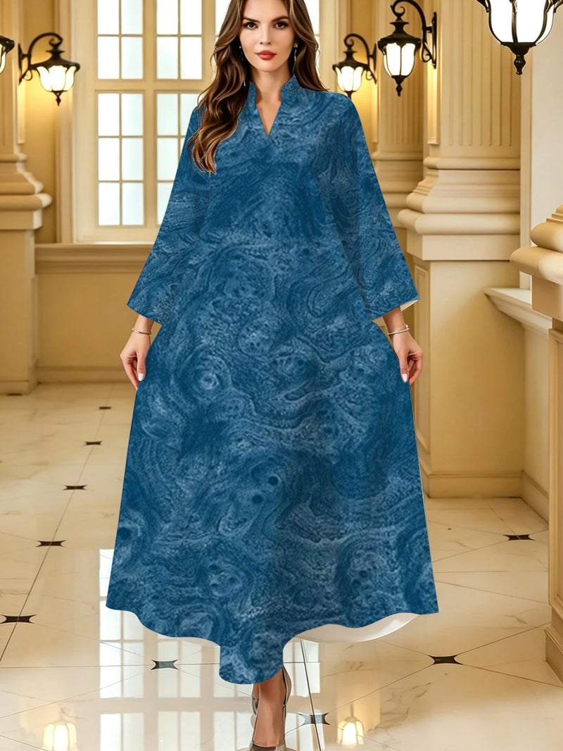 Blue Marble Texture Print Stand‑Collar Flare Sleeve Long Abaya Dress - Image 1
