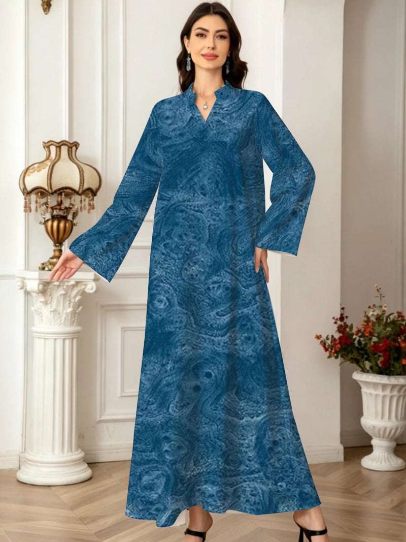 Blue Marble Texture Print Stand‑Collar Flare Sleeve Long Abaya Dress - Image 2