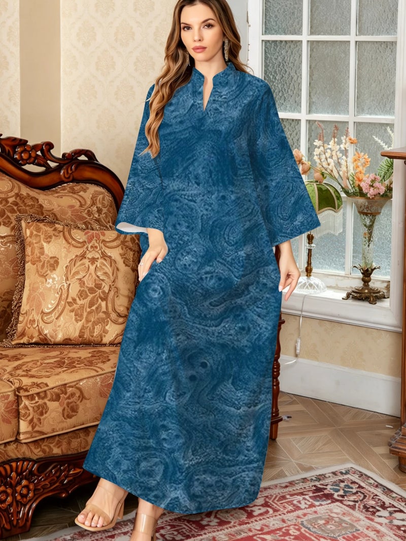 Blue Marble Texture Print Stand‑Collar Flare Sleeve Long Abaya Dress - Image 3