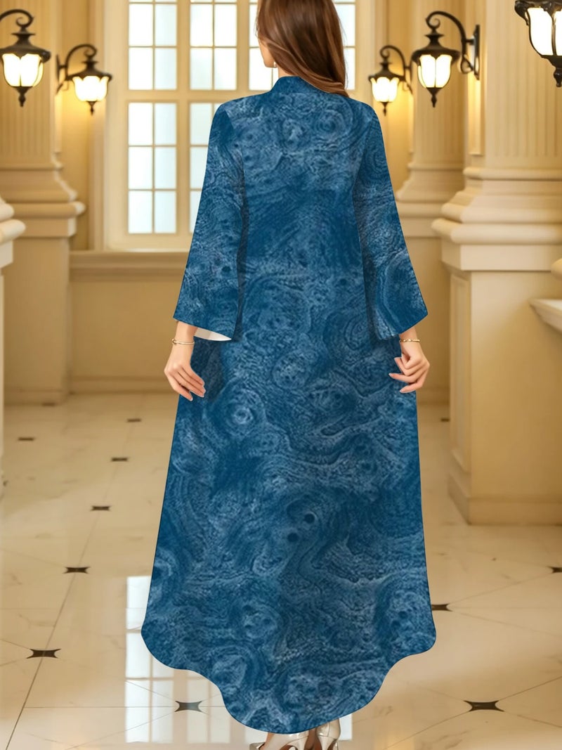 Blue Marble Texture Print Stand‑Collar Flare Sleeve Long Abaya Dress - Image 4