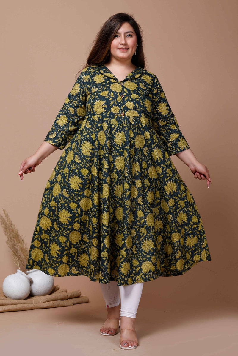 Miravan Womens Plus Size Green Cotton Shirt Collar neck Floral Printed Anarkali Kurta - Image 1