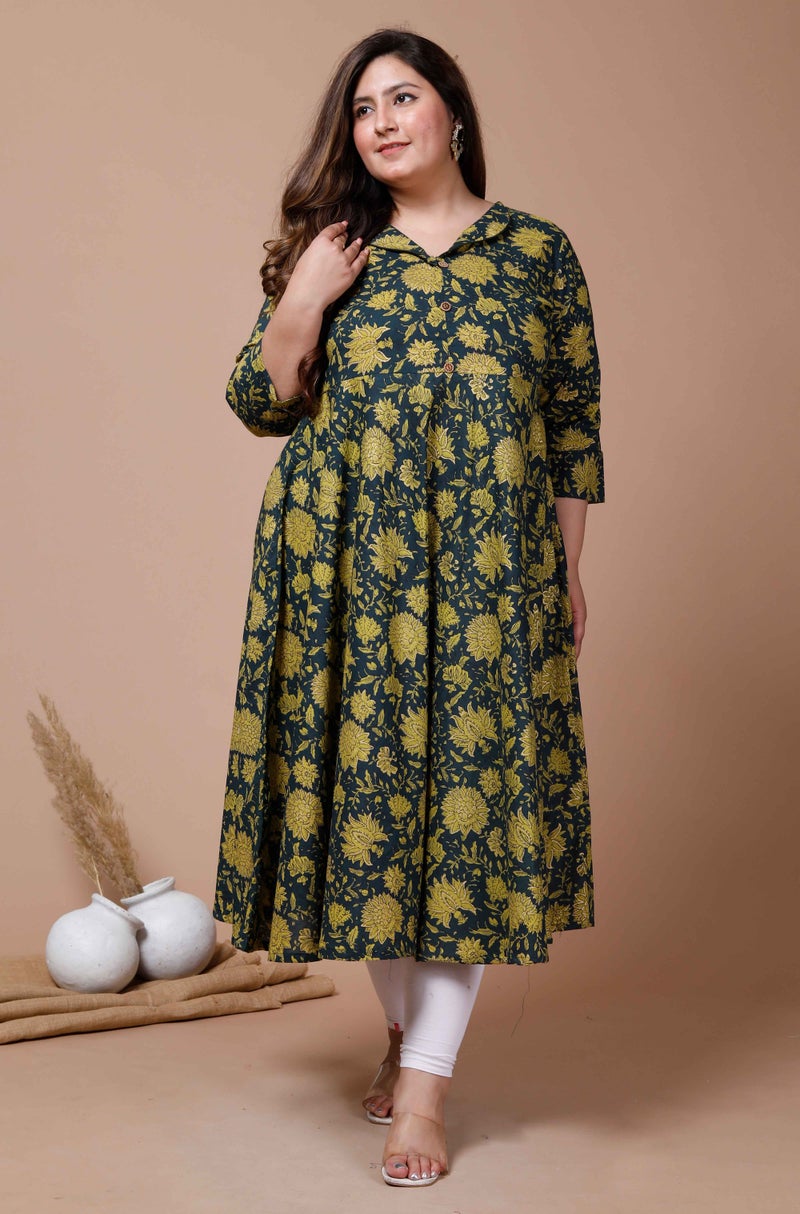 Miravan Womens Plus Size Green Cotton Shirt Collar neck Floral Printed Anarkali Kurta - Image 2