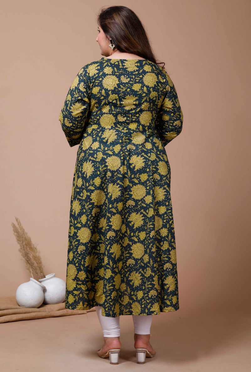 Miravan Womens Plus Size Green Cotton Shirt Collar neck Floral Printed Anarkali Kurta - Image 4