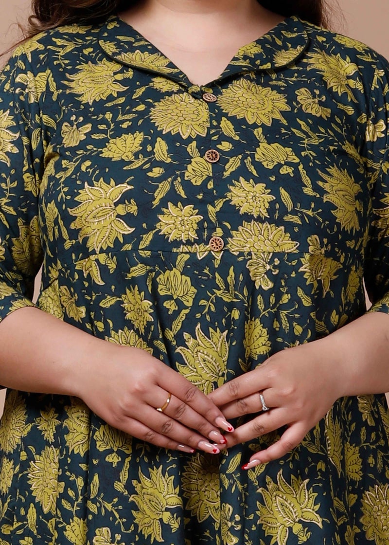 Miravan Womens Plus Size Green Cotton Shirt Collar neck Floral Printed Anarkali Kurta - Image 3