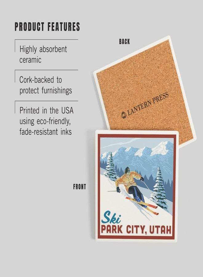 Lantern Press Ski Park City, Utah, Downhill Skier (Absorbent Ceramic Coaster, Single, Cork Back, Kitchen Table Decor) - Image 3