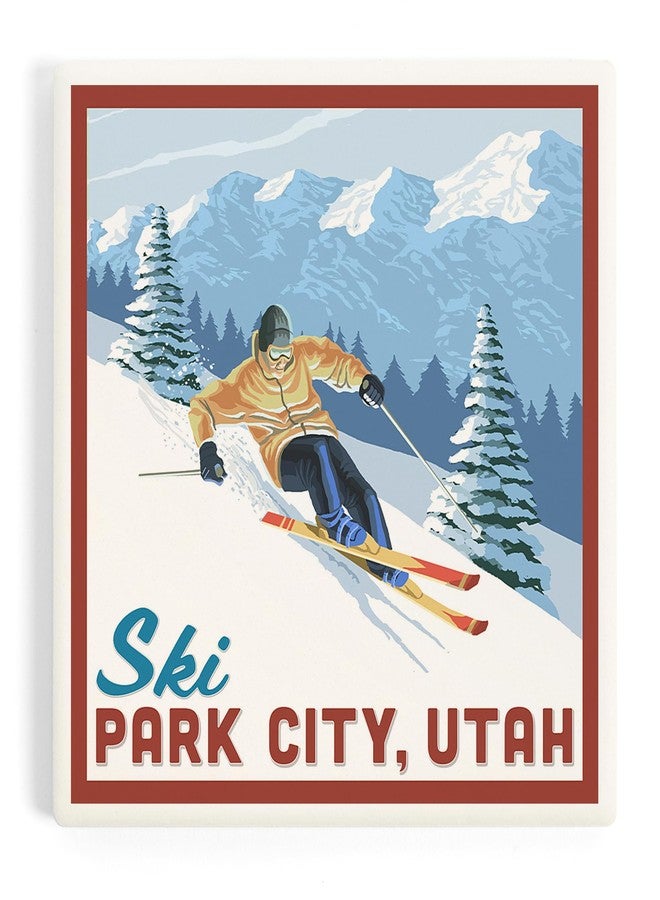 Lantern Press Ski Park City, Utah, Downhill Skier (Absorbent Ceramic Coaster, Single, Cork Back, Kitchen Table Decor) - Image 1