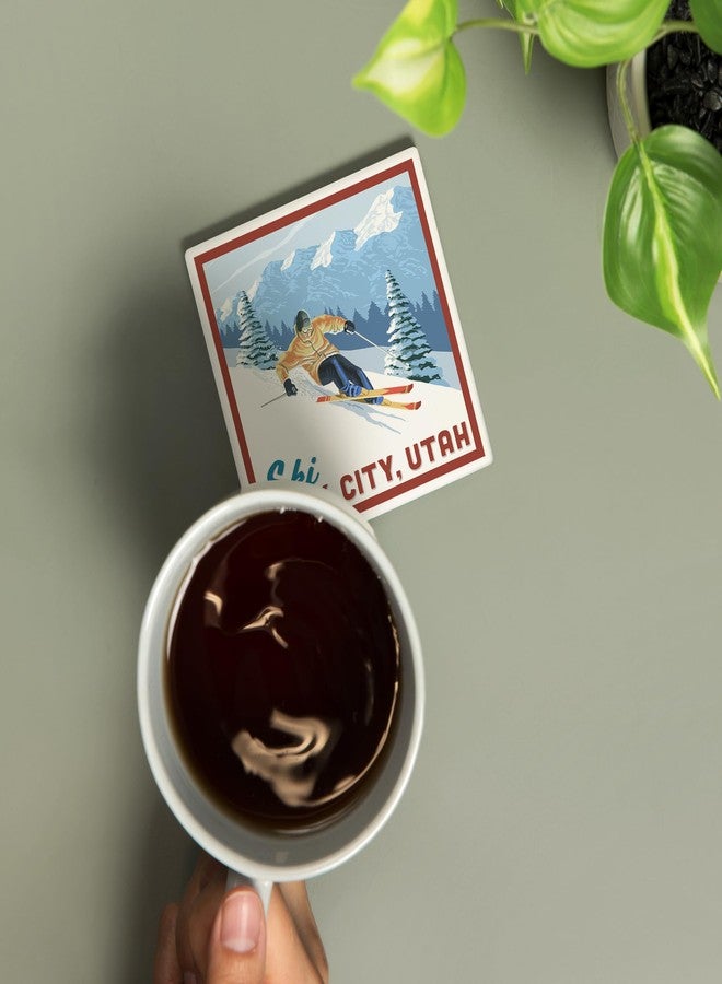 Lantern Press Ski Park City, Utah, Downhill Skier (Absorbent Ceramic Coaster, Single, Cork Back, Kitchen Table Decor) - Image 2