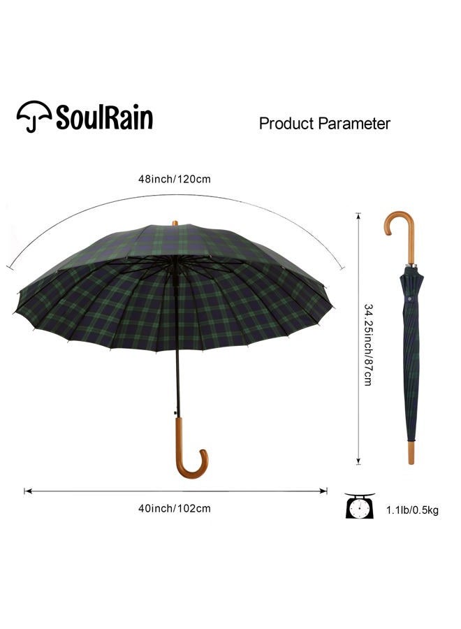 SoulRain 16 Ribs 48" Stick Umbrella Auto Open Solid Color Fashionable and Simple，Arc Classic Wood Handle，Windproof Unbreakable Stick Rain Umbrella (Grid Navy) - Image 4