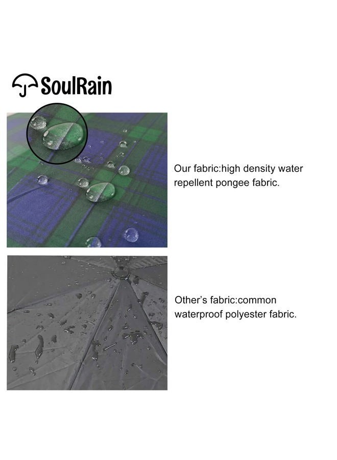 SoulRain 16 Ribs 48" Stick Umbrella Auto Open Solid Color Fashionable and Simple，Arc Classic Wood Handle，Windproof Unbreakable Stick Rain Umbrella (Grid Navy) - Image 5