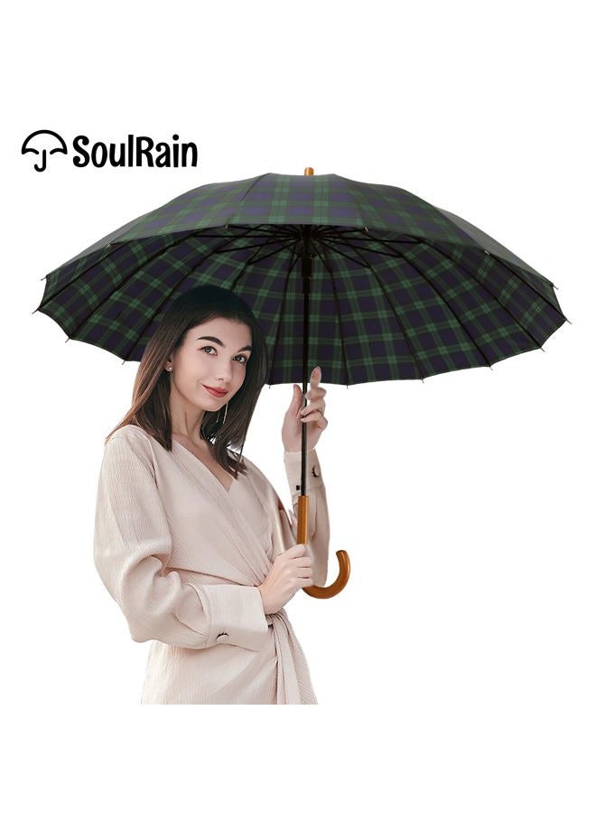 SoulRain 16 Ribs 48" Stick Umbrella Auto Open Solid Color Fashionable and Simple，Arc Classic Wood Handle，Windproof Unbreakable Stick Rain Umbrella (Grid Navy) - Image 3