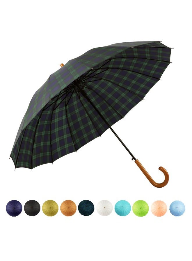SoulRain 16 Ribs 48" Stick Umbrella Auto Open Solid Color Fashionable and Simple，Arc Classic Wood Handle，Windproof Unbreakable Stick Rain Umbrella (Grid Navy) - Image 1
